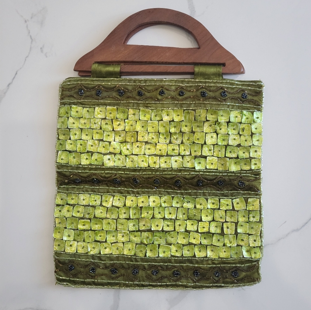 Elegant Olive Beaded Clutch with Wooden Handle